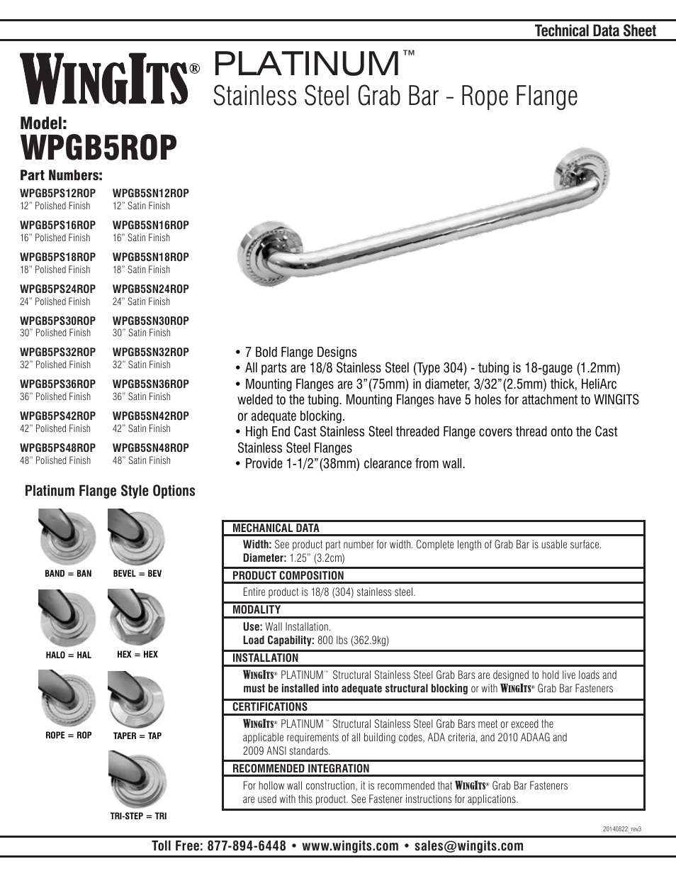 WINGITS PLATINUM Grab Bar WPGB5PSxxROP User Manual | 2 pages