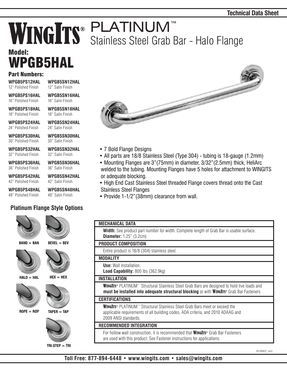 WINGITS PLATINUM Grab Bar WPGB5PSxxHAL User Manual | 2 pages