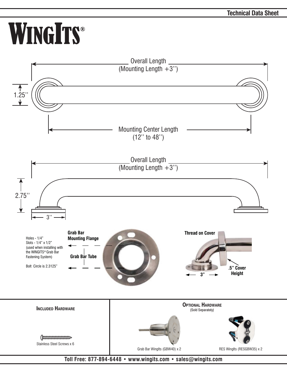 Technical data sheet, 12’’ to 48’’) | WINGITS PLATINUM Grab Bar WPGB5PSxxHAL User Manual | Page 2 / 2