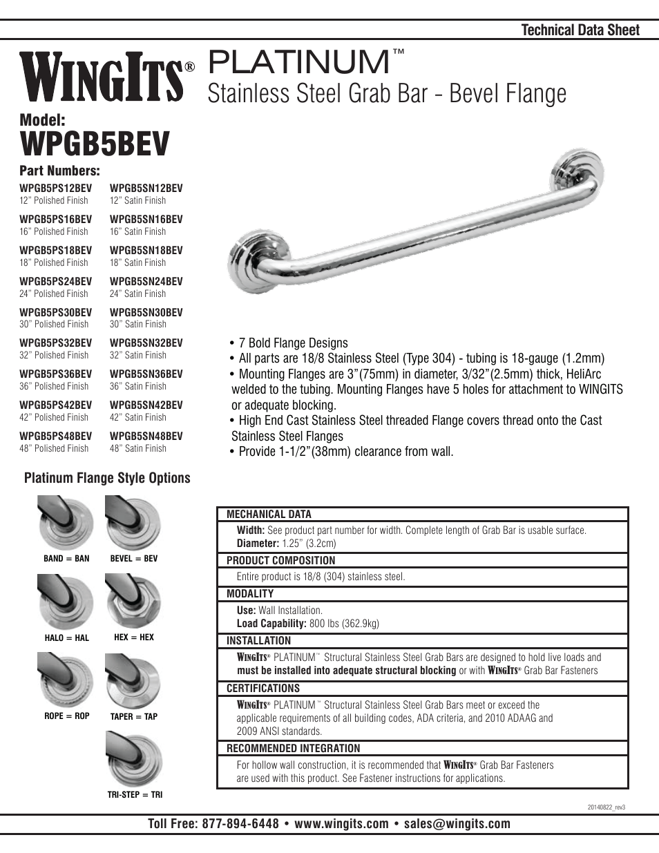 WINGITS PLATINUM Grab Bar WPGB5PSxxBEV User Manual | 2 pages