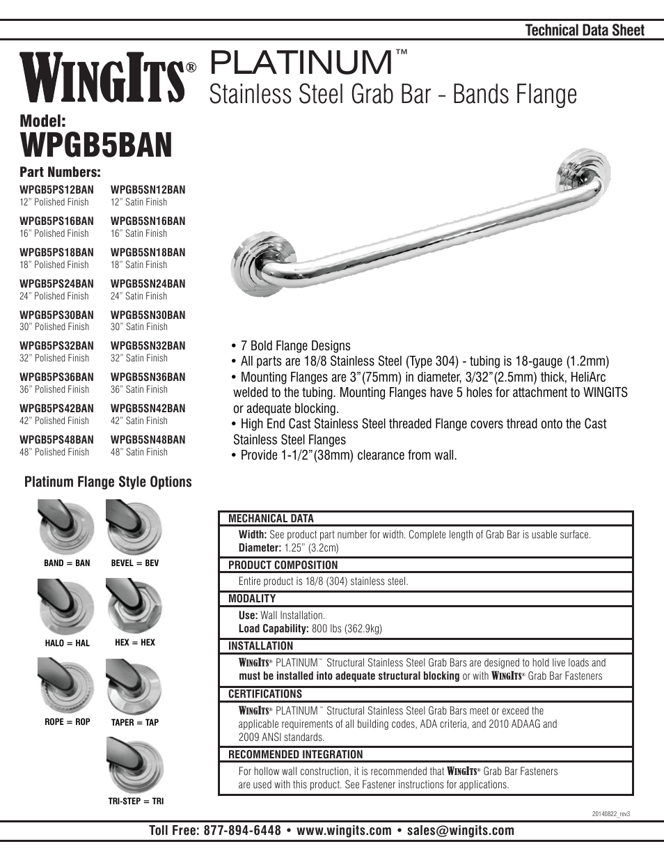 WINGITS PLATINUM Grab Bar WPGB5PSxxBAN User Manual | 2 pages