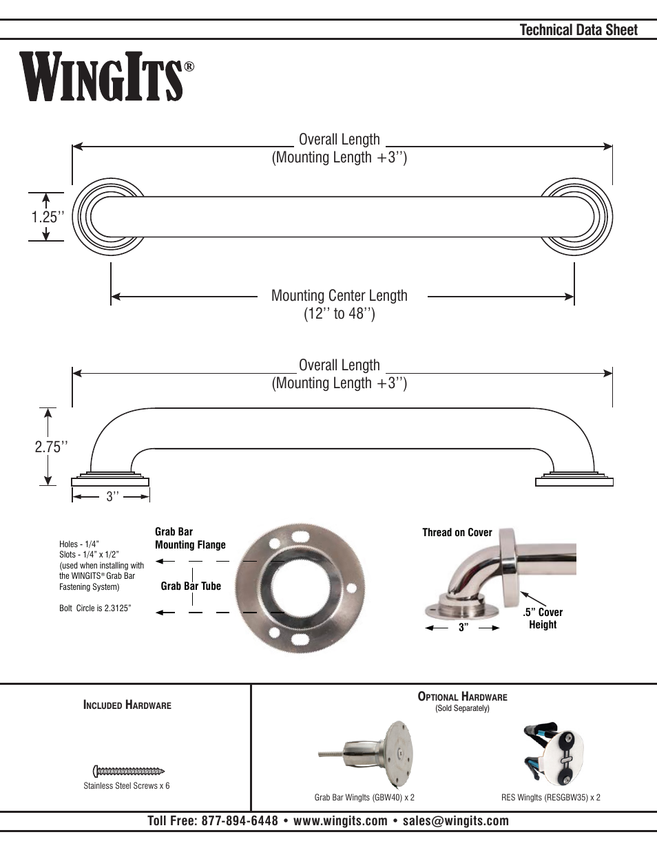 Technical data sheet, 12’’ to 48’’) | WINGITS PLATINUM Grab Bar WPGB5PSxxBAN User Manual | Page 2 / 2