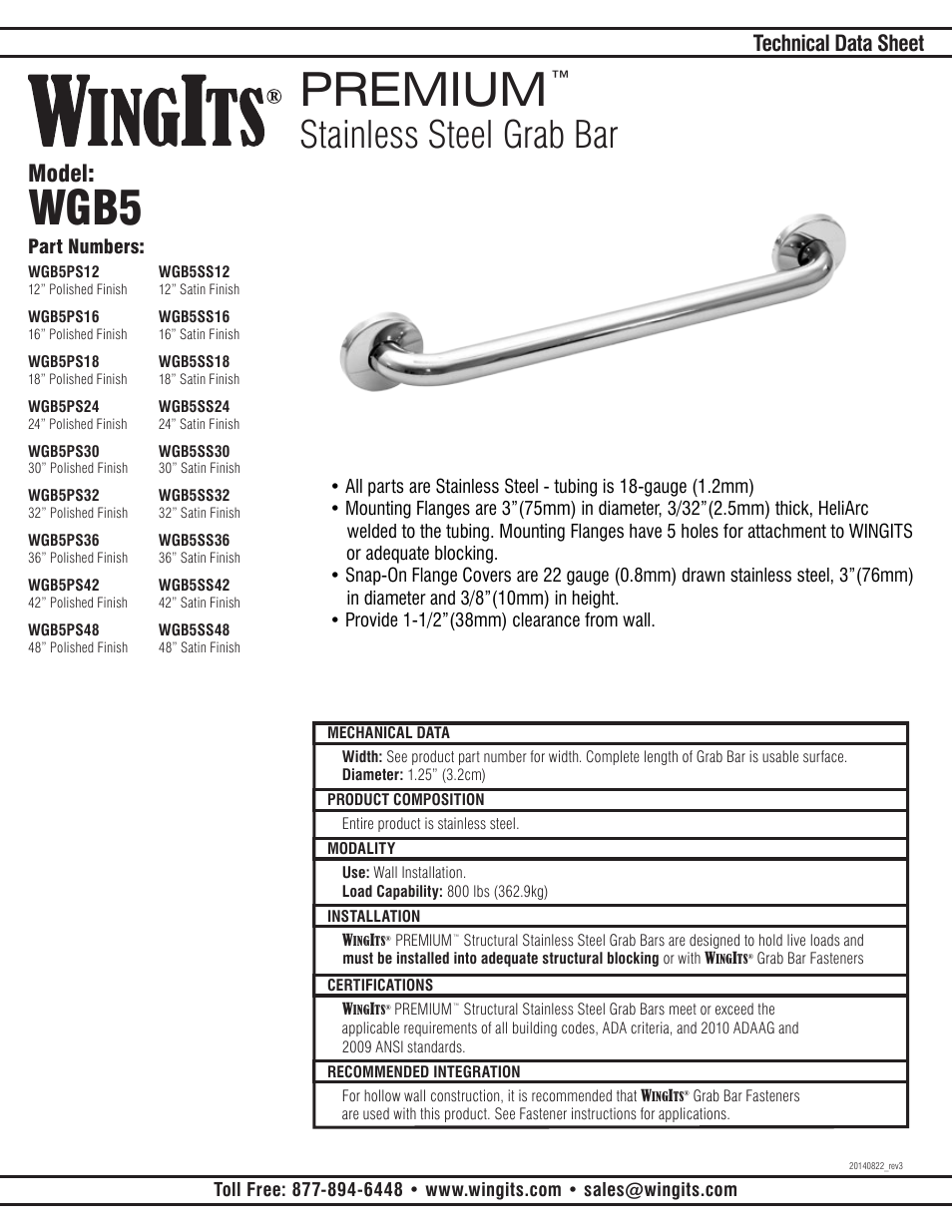 WINGITS PREMIUM Grab Bar WGB5PSxx User Manual | 2 pages