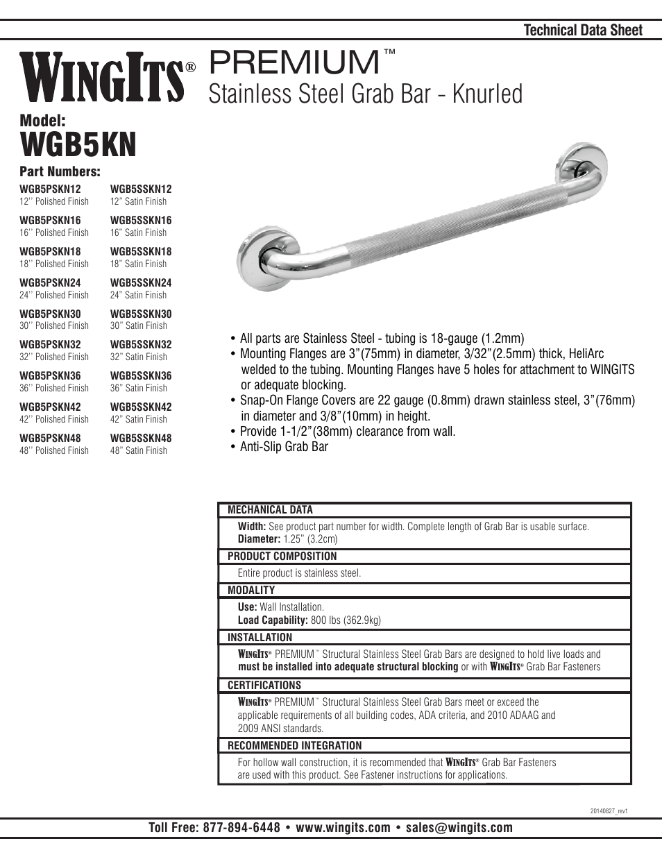 WINGITS PREMIUM Knurled Grab Bar WGB5PSKNxx User Manual | 2 pages