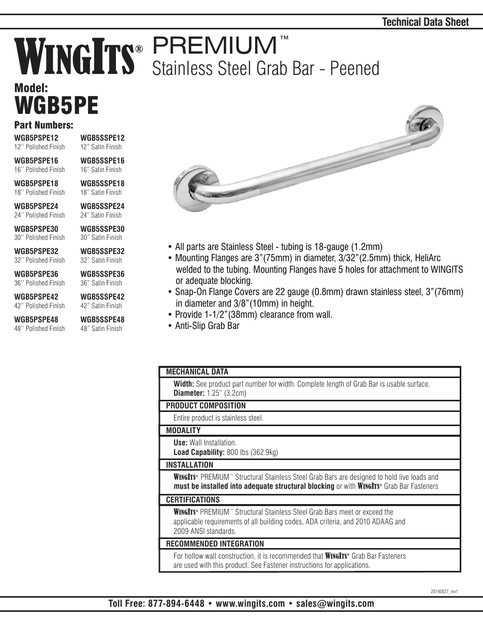 WINGITS PREMIUM Peened Grab Bar WGB5PSPExx User Manual | 2 pages