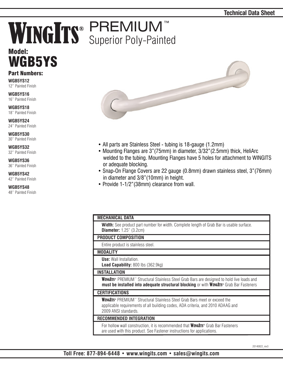 WINGITS PREMIUM MIsc Grab Bar WGB5YSWH User Manual | 2 pages