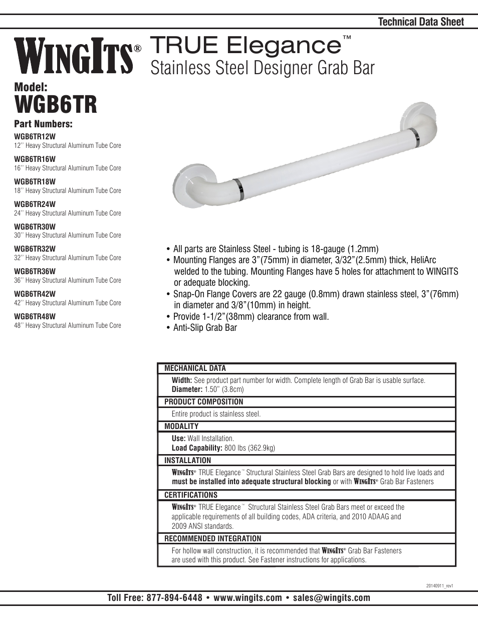 WINGITS PREMIUM MIsc Grab Bar WGB6TRxx User Manual | 2 pages