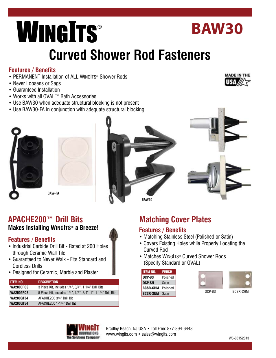 Baw30, Curved shower rod fasteners, Apache200™ drill bits | Matching cover plates | WINGITS OVAL Curved Shower Rod WOCSN5-6SP User Manual | Page 2 / 2