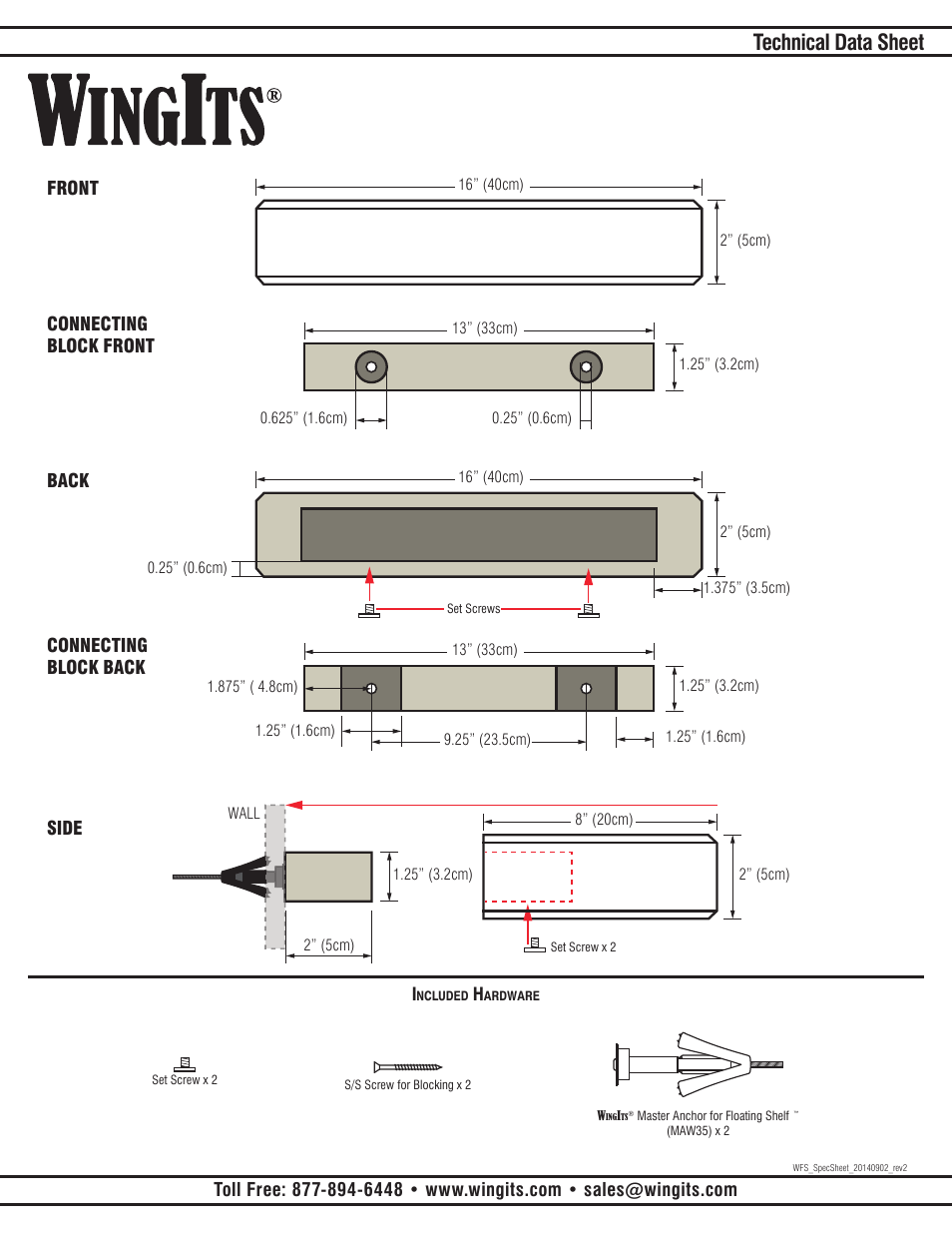 Technical data sheet, Front back, Connecting block front | Connecting block back side | WINGITS FLOATING Shelf WBFS User Manual | Page 2 / 2