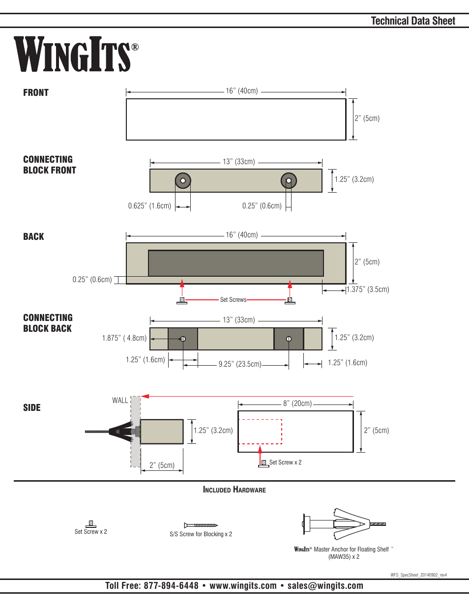 Technical data sheet, Front back, Connecting block front | Connecting block back side | WINGITS FLOATING Shelf WFS User Manual | Page 2 / 2