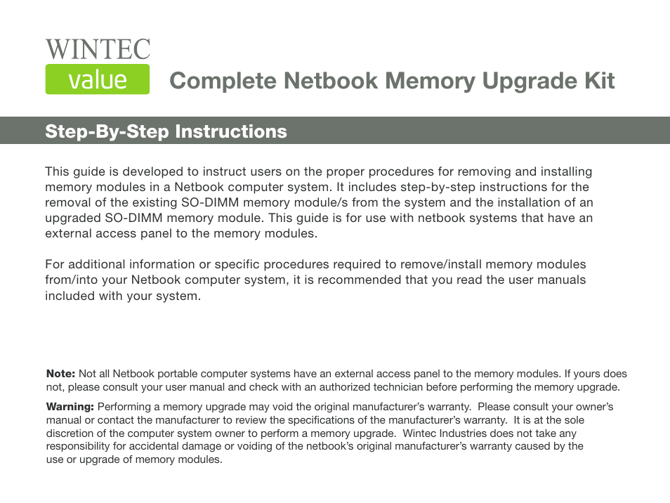 Wintec Value SODIMM Kit User Manual | 4 pages