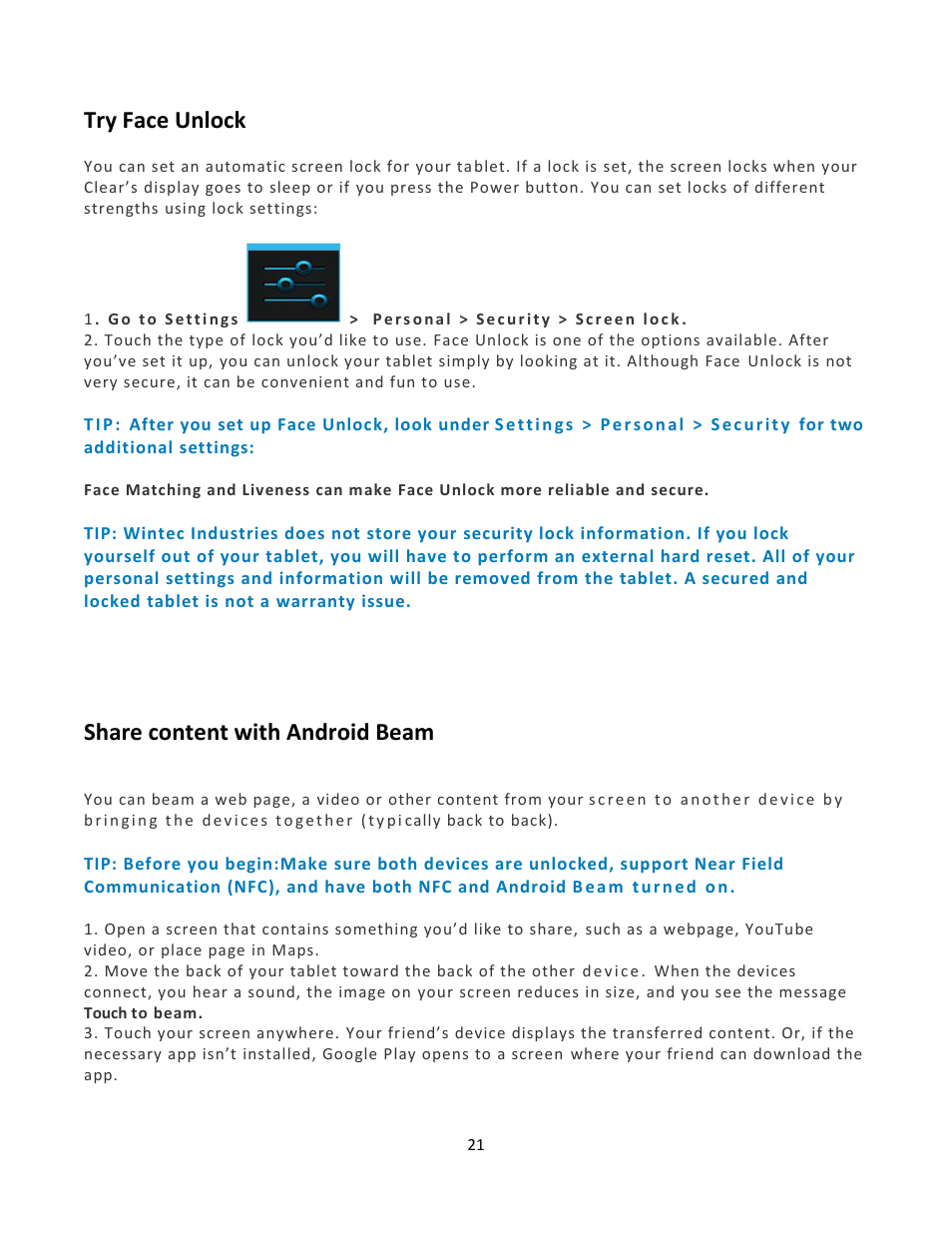 Try face unlock, Share content with android beam | Wintec FileMate Clear X2 and X4 Tablets User Manual | Page 21 / 58