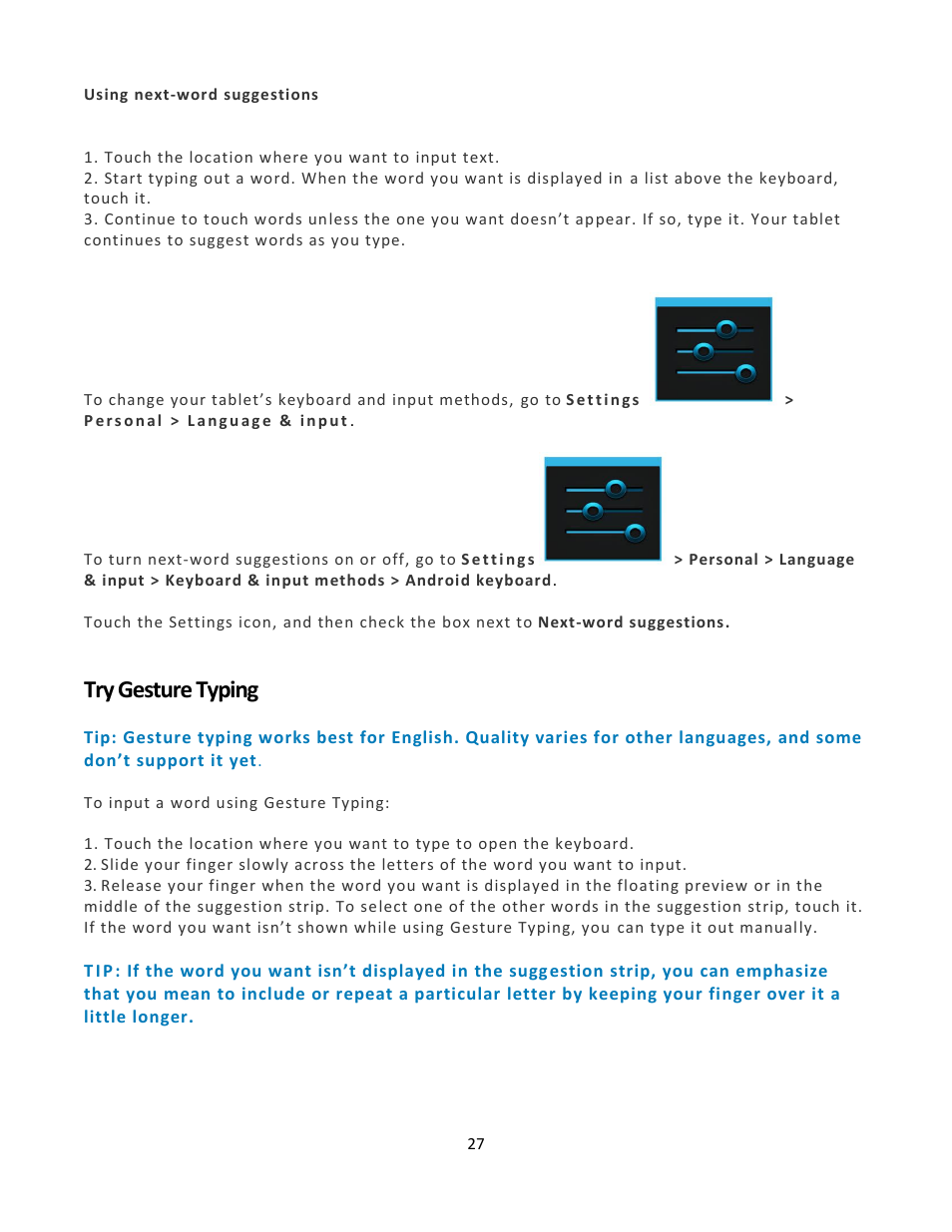 Try gesture typing | Wintec FileMate Clear X2 and X4 Tablets User Manual | Page 27 / 58