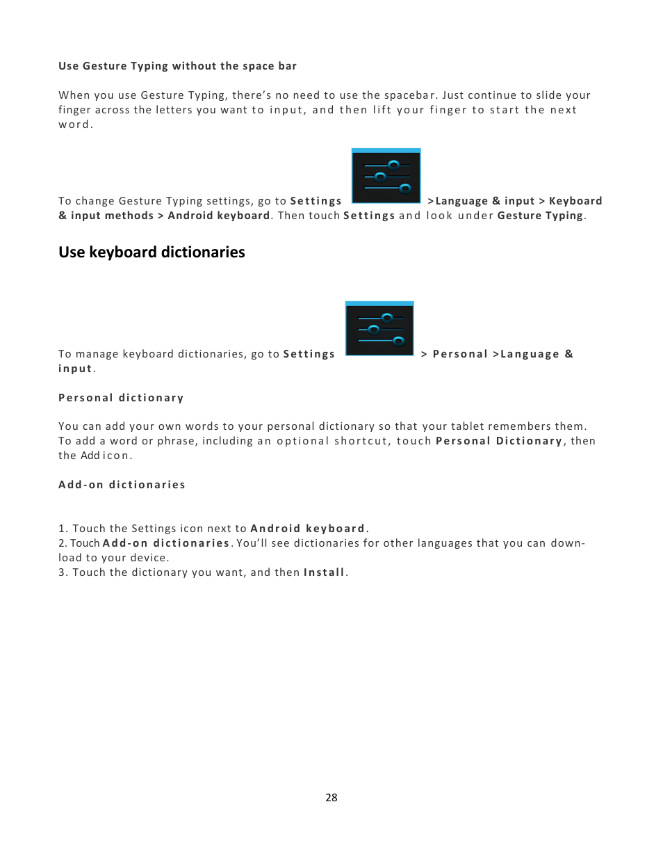 Use keyboard dictionaries | Wintec FileMate Clear X2 and X4 Tablets User Manual | Page 28 / 58