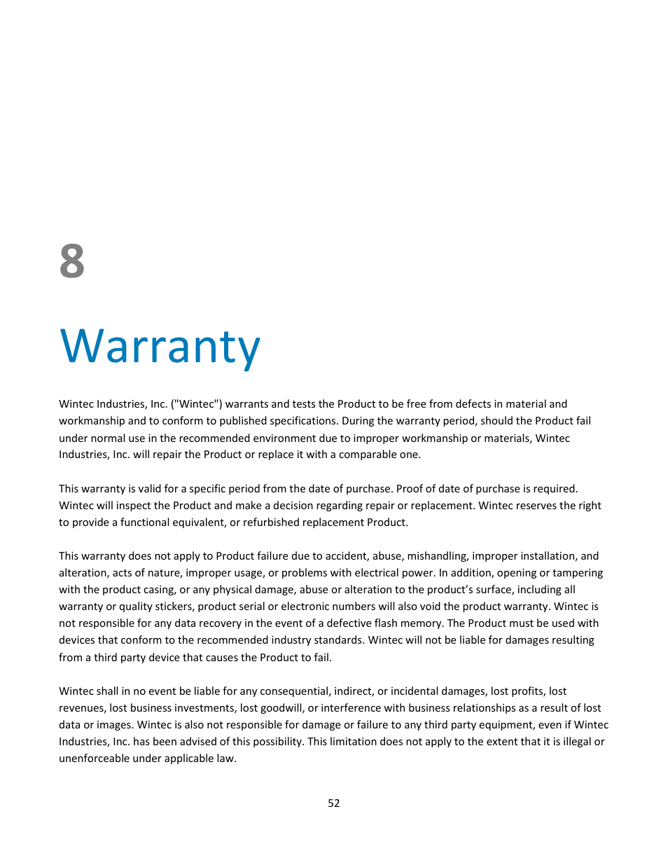 Warranty, 8 warranty | Wintec FileMate Clear X2 and X4 Tablets User Manual | Page 52 / 58