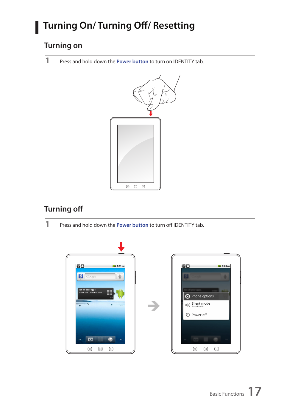 Turning on/ turning off/ resetting, Turning on, Turning off | Wintec FileMate Identity Tablet User Manual | Page 18 / 98