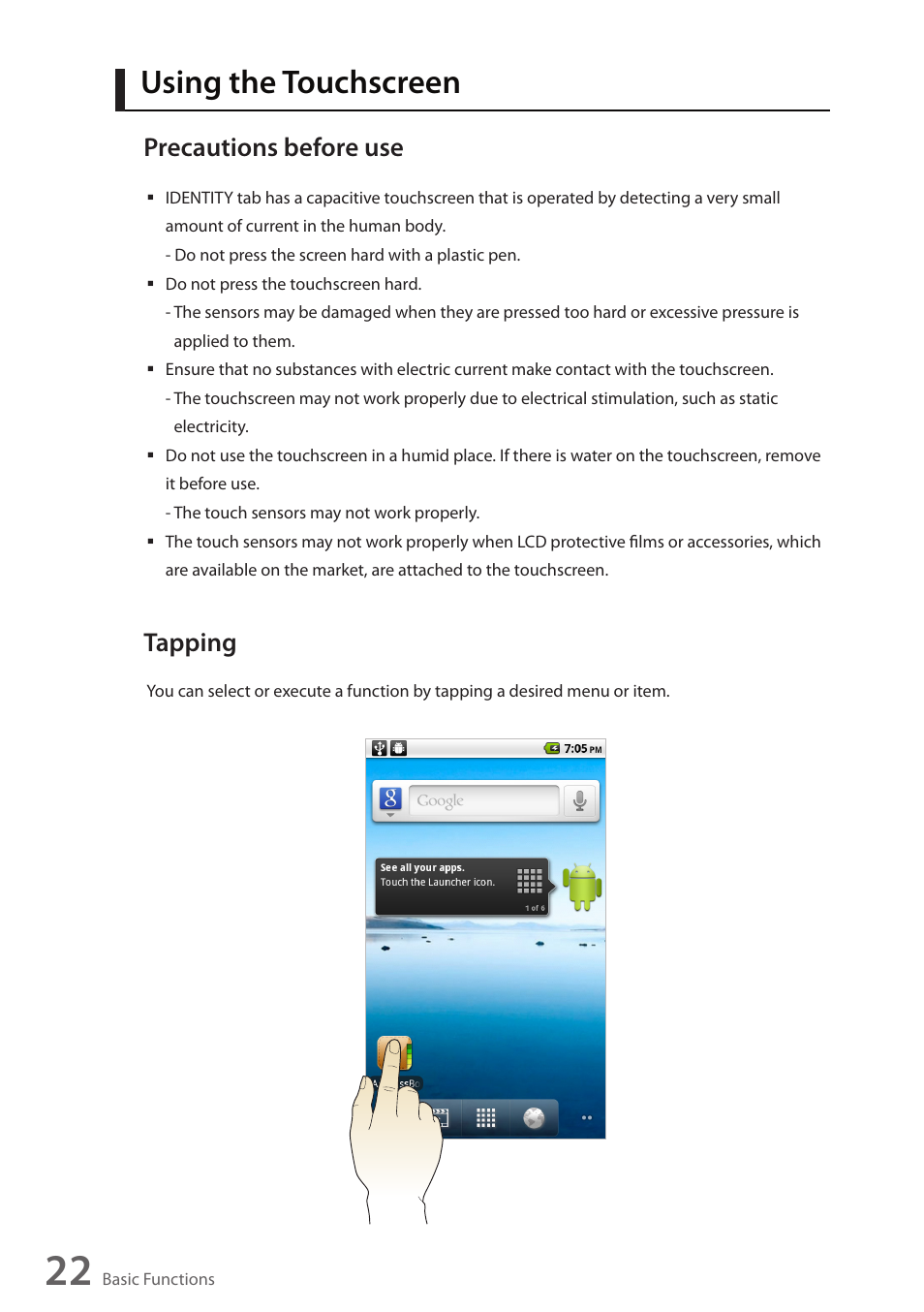 Using the touchscreen, Precautions before use, Tapping | Wintec FileMate Identity Tablet User Manual | Page 23 / 98