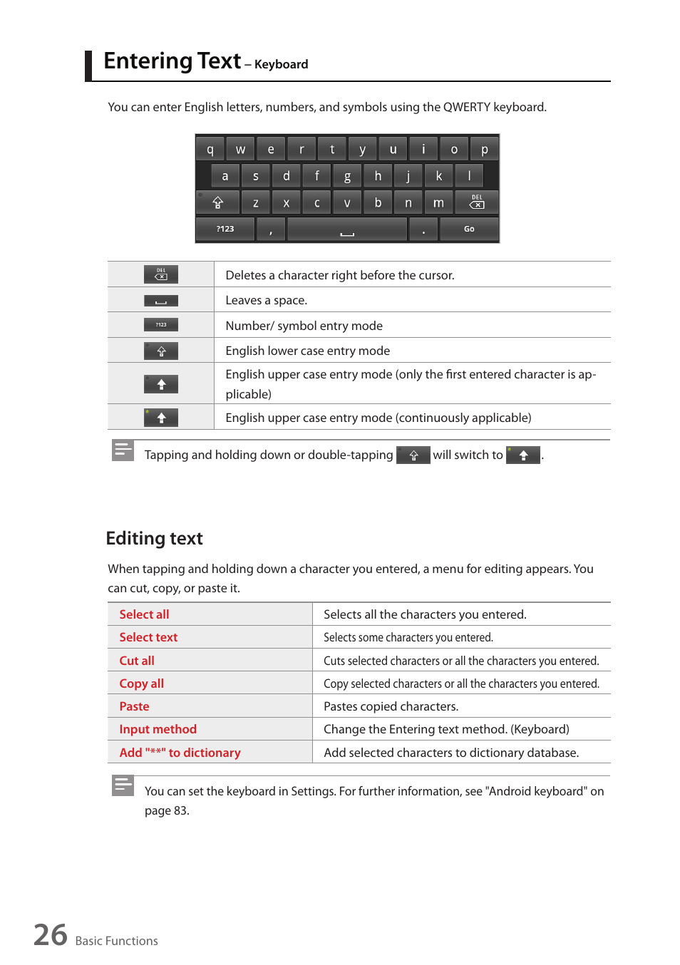 Entering text − keyboard, Editing text, Entering text | Keyboard | Wintec FileMate Identity Tablet User Manual | Page 27 / 98