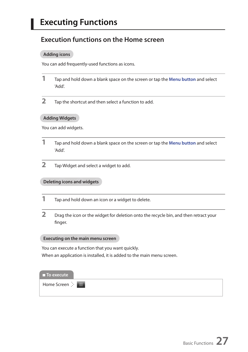 Executing functions, Execution functions on the home screen | Wintec FileMate Identity Tablet User Manual | Page 28 / 98