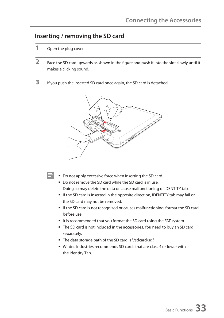Inserting / removing the sd card, Connecting the accessories | Wintec FileMate Identity Tablet User Manual | Page 34 / 98