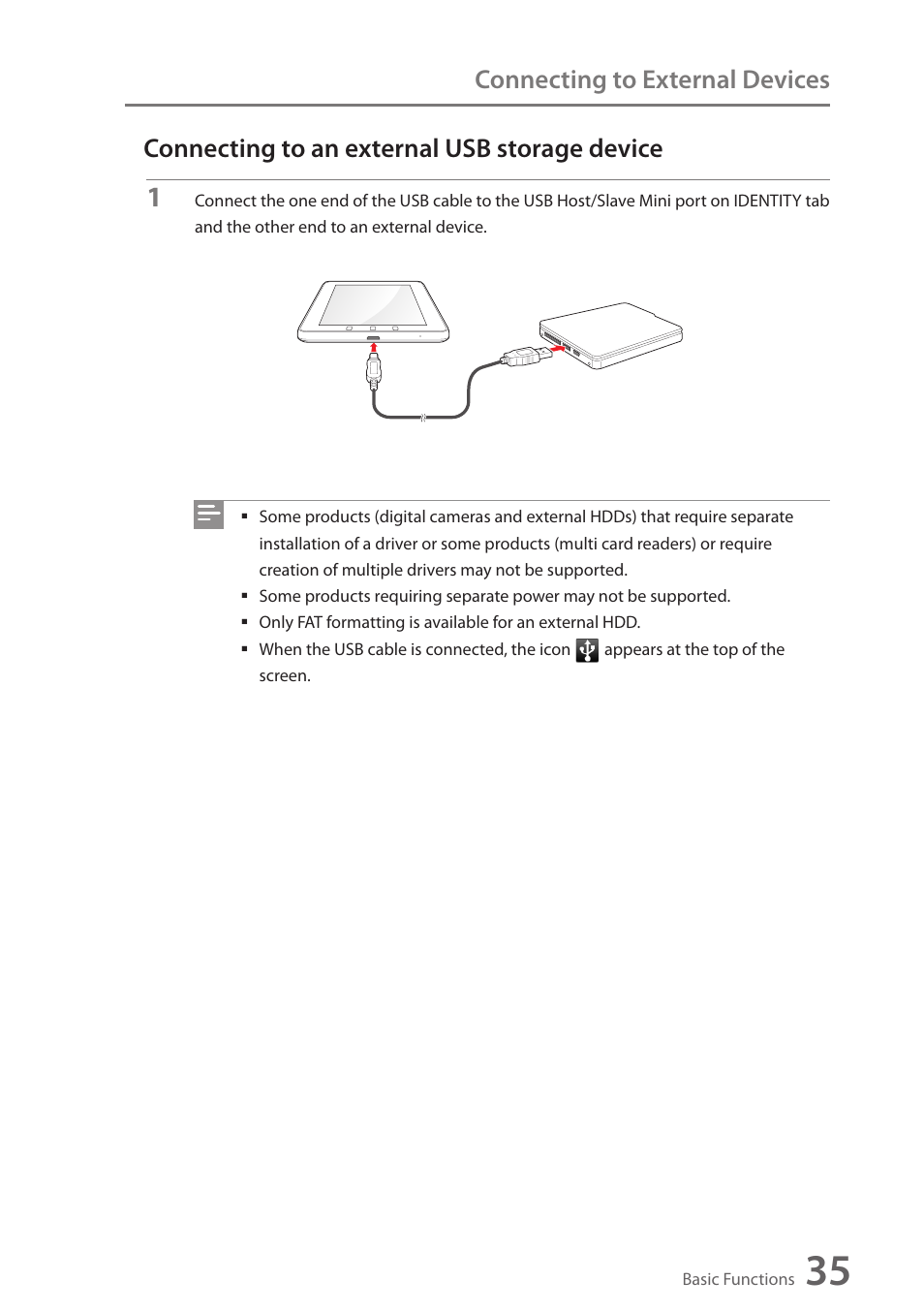 Connecting to an external usb storage device, Connecting to an external usb storage, Device | Connecting to external devices | Wintec FileMate Identity Tablet User Manual | Page 36 / 98