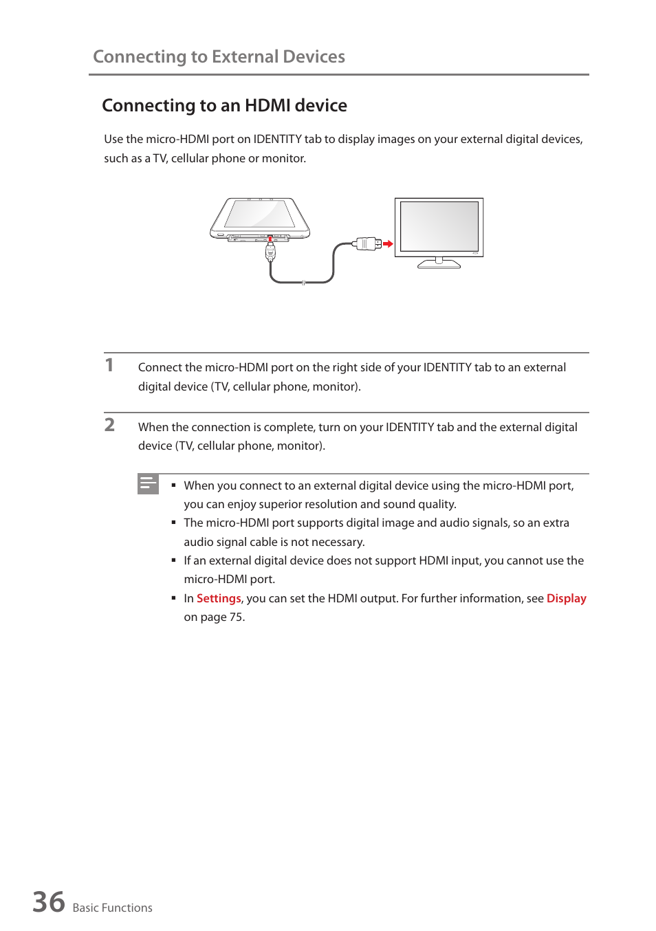 Connecting to an hdmi device, Connecting to external devices | Wintec FileMate Identity Tablet User Manual | Page 37 / 98