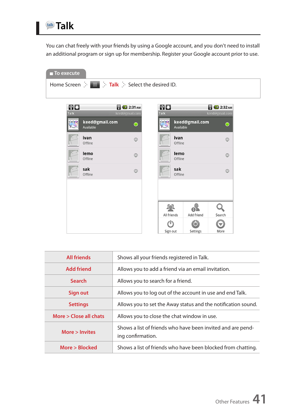 Talk, Other features | Wintec FileMate Identity Tablet User Manual | Page 40 / 98