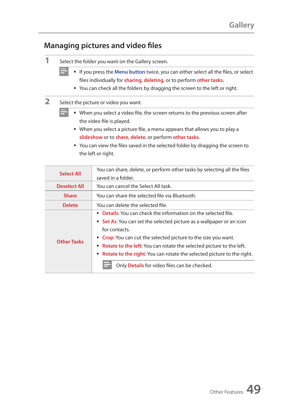 Managing pictures and video files, Gallery managing pictures and video files | Wintec FileMate Identity Tablet User Manual | Page 48 / 98