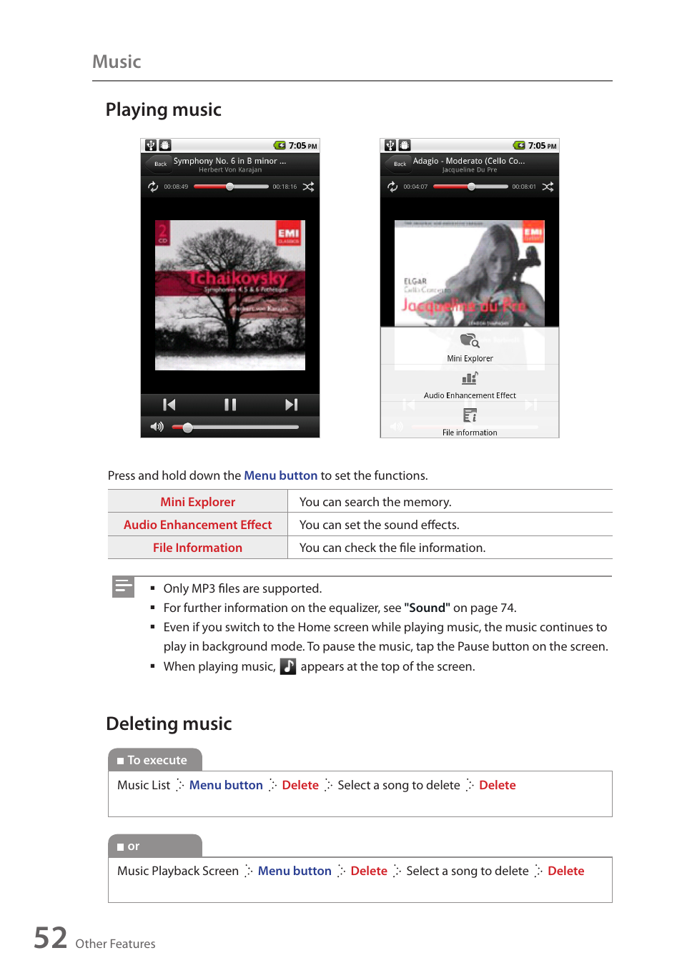 Playing music, Deleting music, Music | Wintec FileMate Identity Tablet User Manual | Page 51 / 98