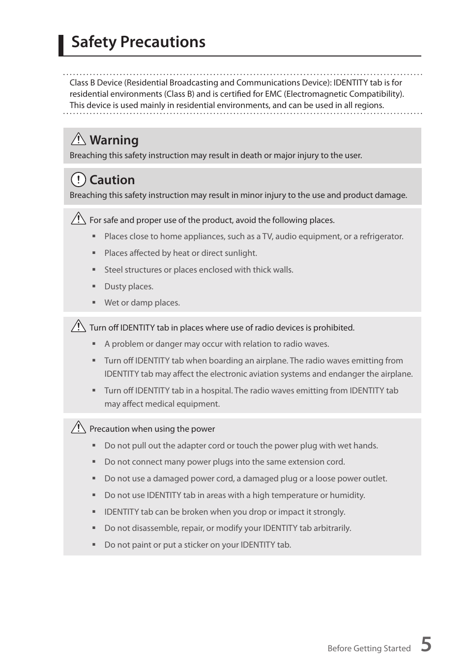Safety precautions, Before getting started, Warning | Caution | Wintec FileMate Identity Tablet User Manual | Page 6 / 98