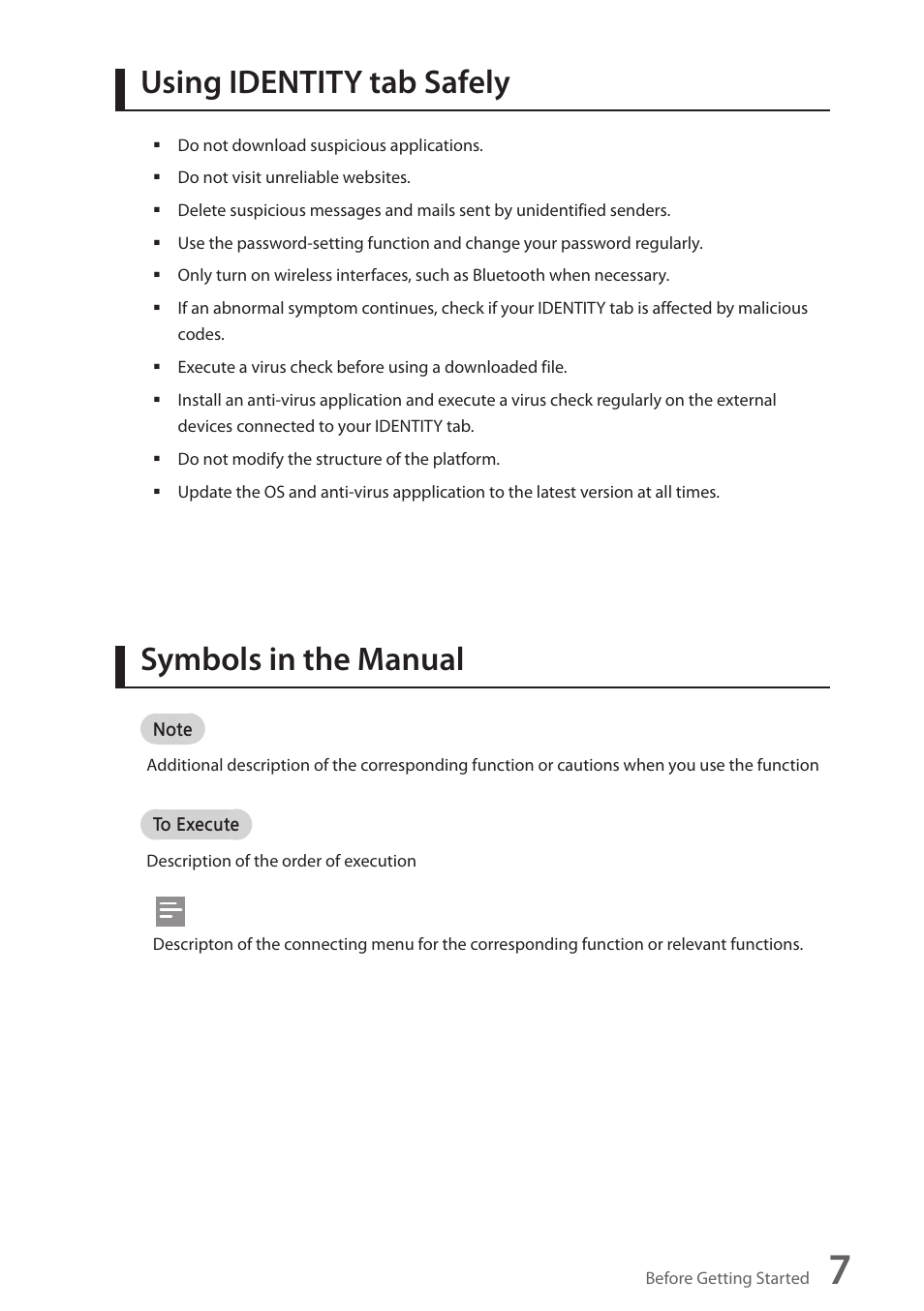 Using identity tab safely, Symbols in the manual | Wintec FileMate Identity Tablet User Manual | Page 8 / 98
