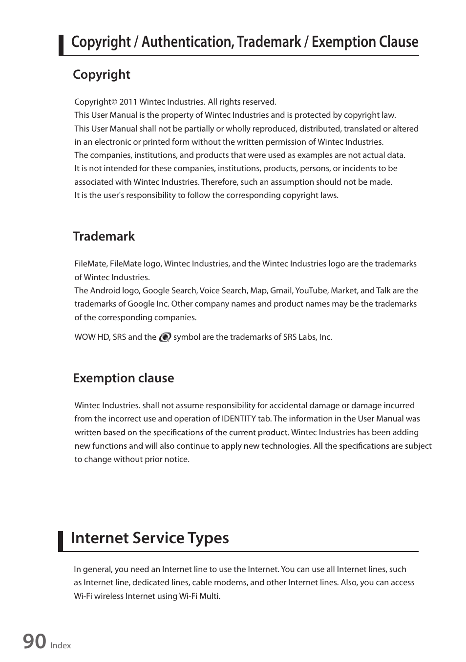 Copyright, Trademark, Exemption clause | Internet service types, Troubleshooting | Wintec FileMate Identity Tablet User Manual | Page 89 / 98