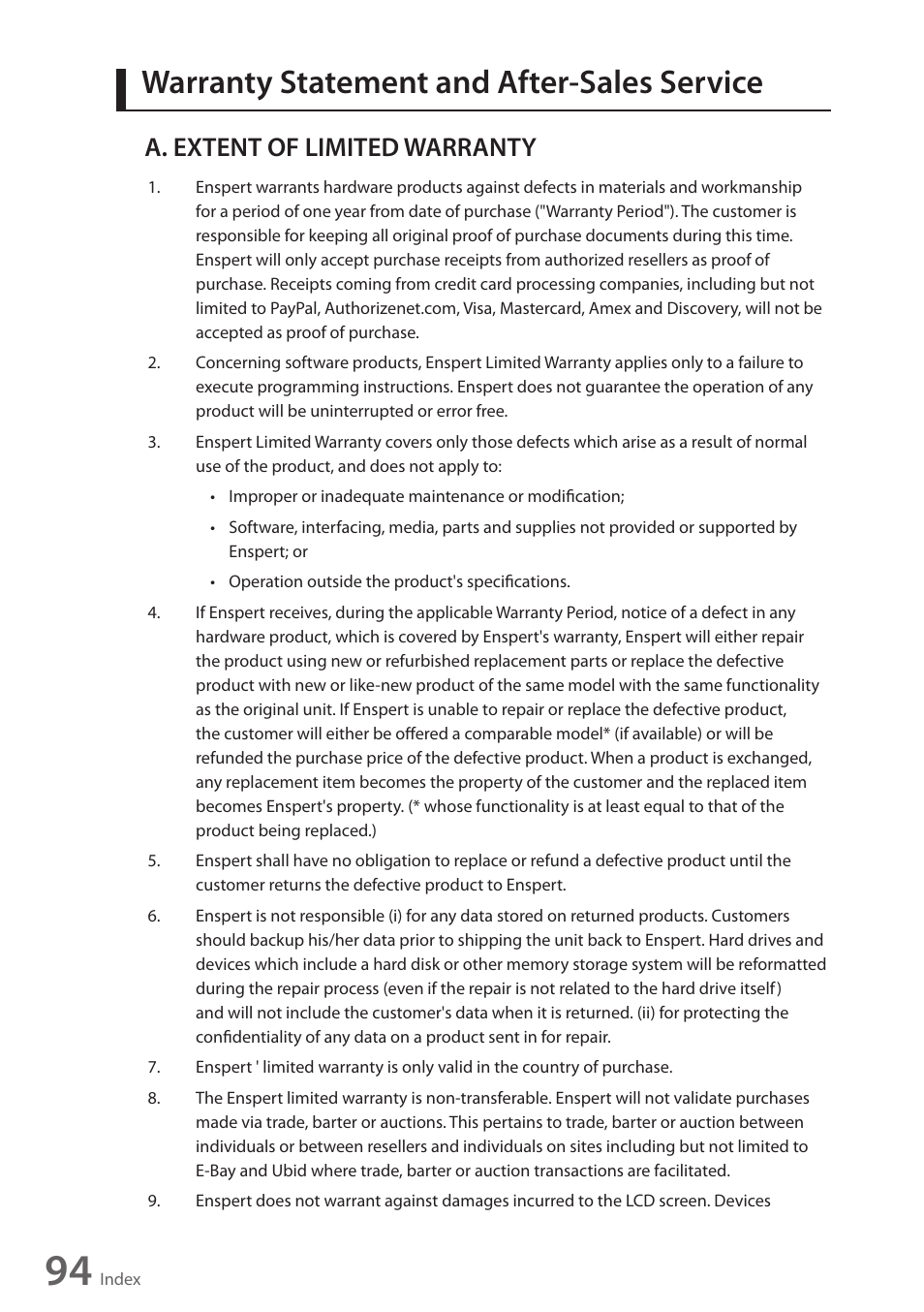 Warranty statement and after-sales service, Index, A. extent of limited warranty | Wintec FileMate Identity Tablet User Manual | Page 93 / 98