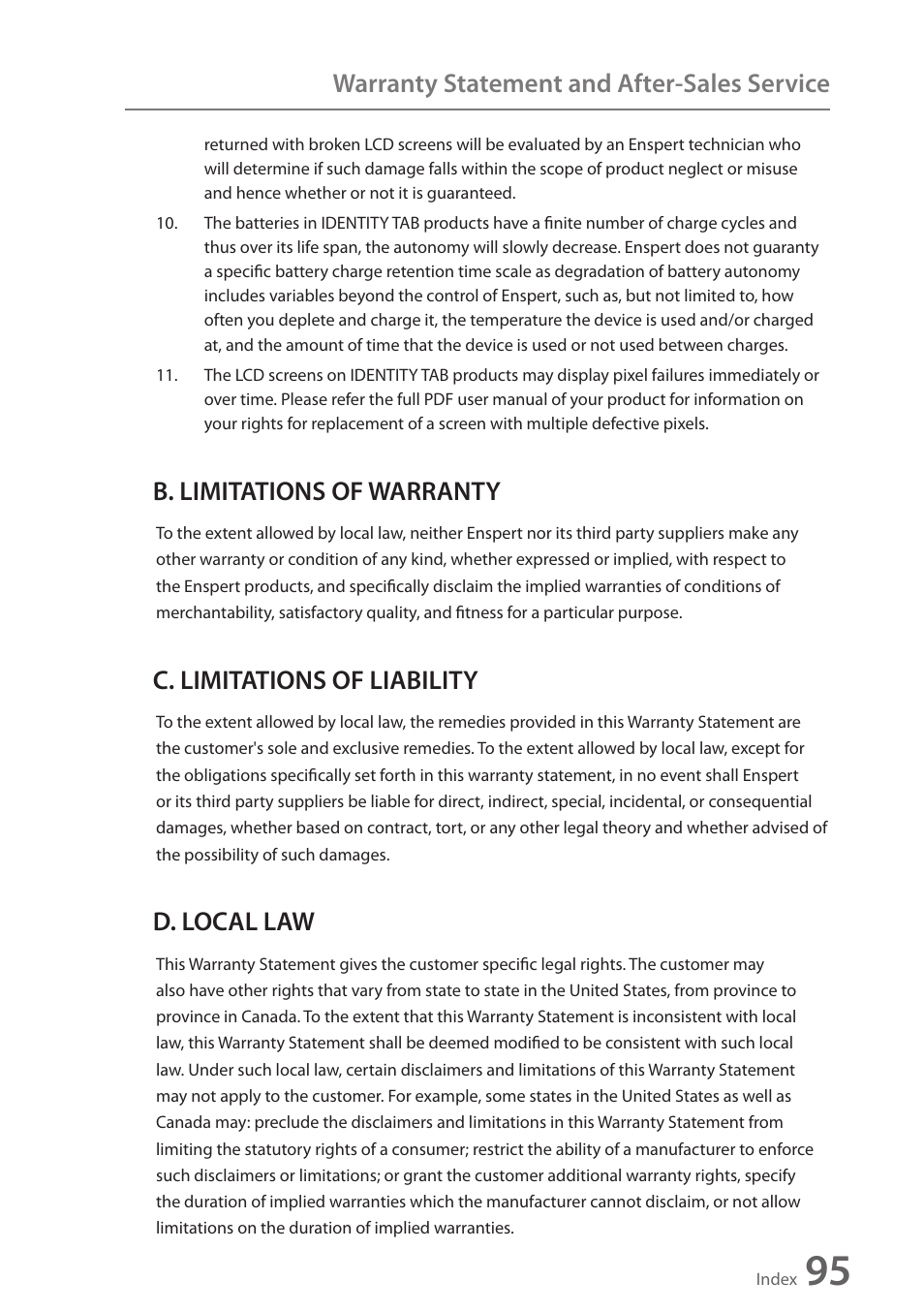 Warranty statement and after-sales service, B. limitations of warranty, C. limitations of liability | D. local law | Wintec FileMate Identity Tablet User Manual | Page 94 / 98