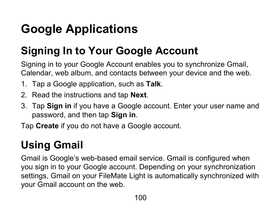 Google applications, Signing in to your google account, Using gmail | Wintec FileMate Light Tablet User Manual | Page 100 / 129