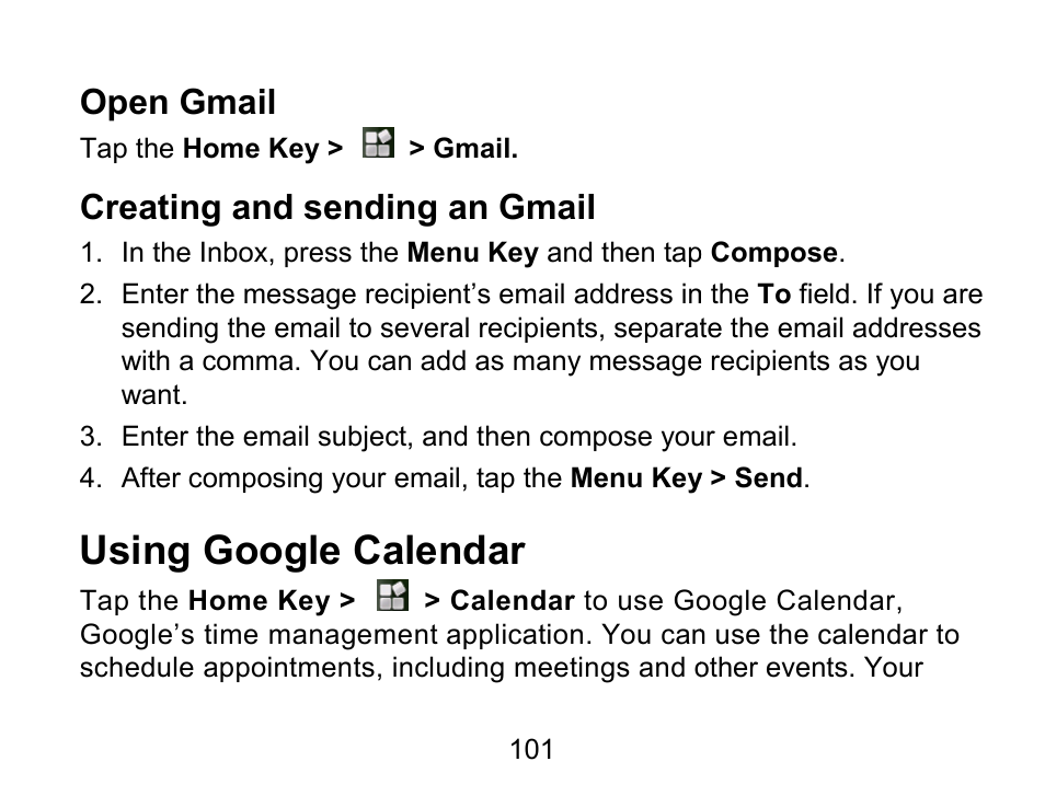 Using google calendar, Open gmail, Creating and sending an gmail | Wintec FileMate Light Tablet User Manual | Page 101 / 129