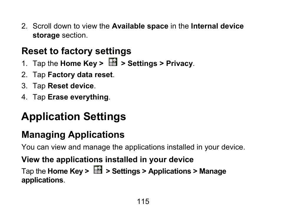 Application settings, Reset to factory settings, Managing applications | Wintec FileMate Light Tablet User Manual | Page 115 / 129