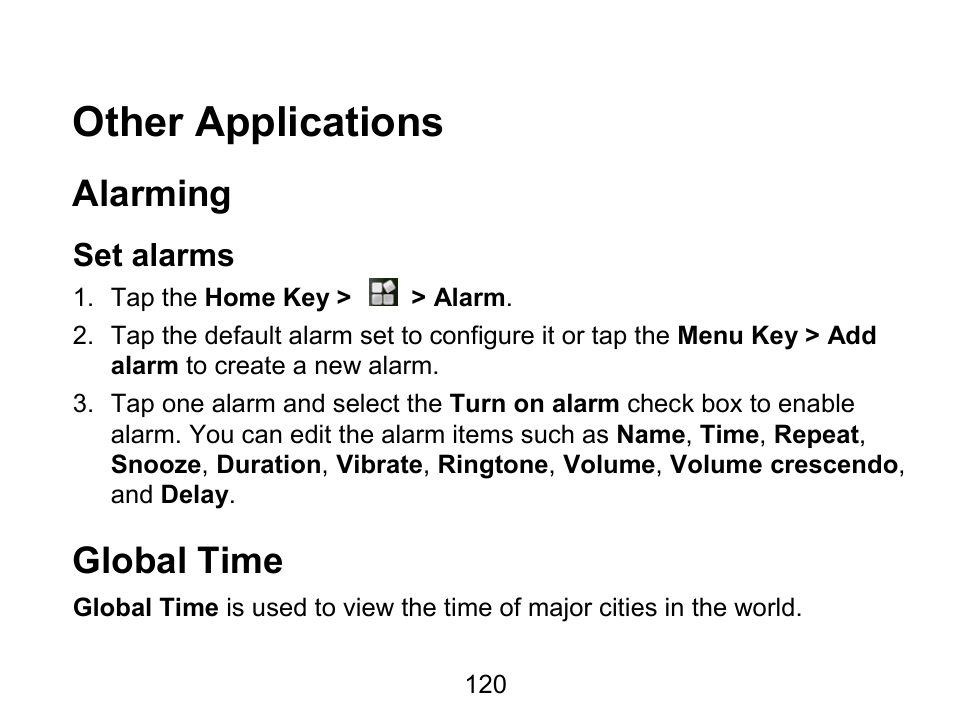 Other applications, Alarming, Global time | Wintec FileMate Light Tablet User Manual | Page 120 / 129