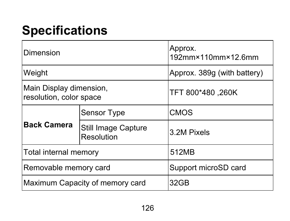 Specifications | Wintec FileMate Light Tablet User Manual | Page 126 / 129