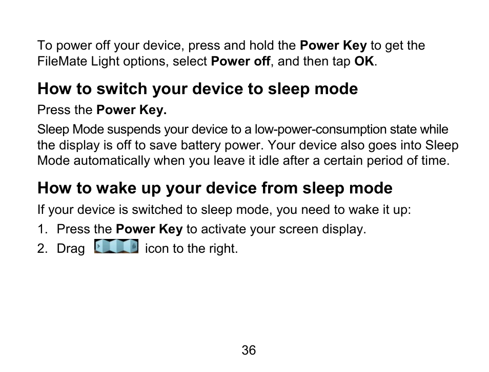 How to switch your device to sleep mode, How to wake up your device from sleep mode | Wintec FileMate Light Tablet User Manual | Page 36 / 129