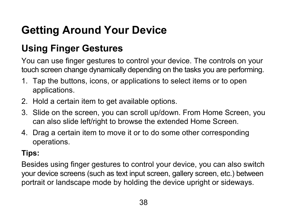 Getting around your device, Using finger gestures | Wintec FileMate Light Tablet User Manual | Page 38 / 129
