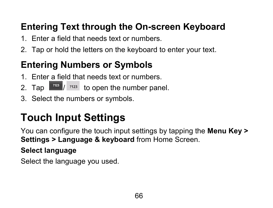 Touch input settings, Entering text through the on-screen keyboard, Entering numbers or symbols | Wintec FileMate Light Tablet User Manual | Page 66 / 129