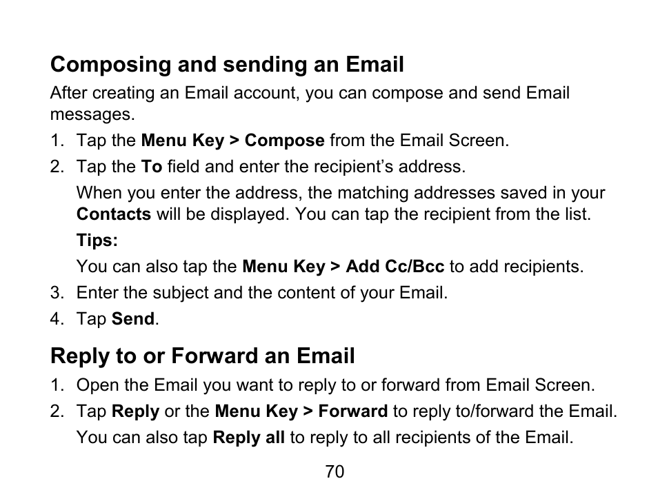 Composing and sending an email, Reply to or forward an email | Wintec FileMate Light Tablet User Manual | Page 70 / 129