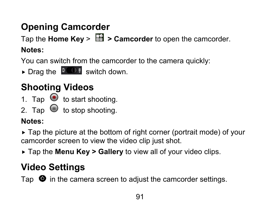 Opening camcorder, Shooting videos, Video settings | Wintec FileMate Light Tablet User Manual | Page 91 / 129