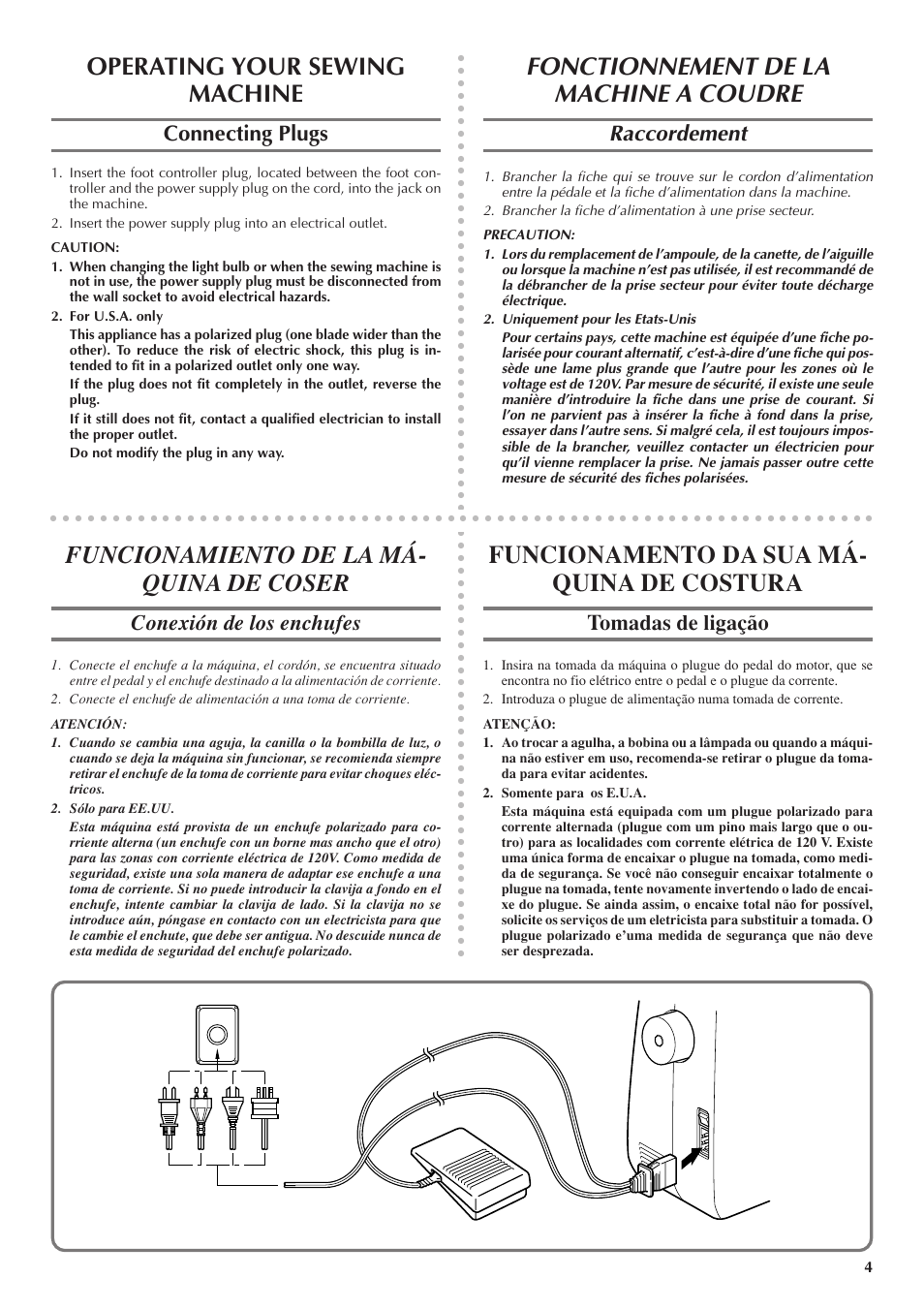 Fonctionnement de la machine a coudre, Operating your sewing machine, Funcionamiento de la má- quina de coser | Funcionamento da sua má- quina de costura, Connecting plugs, Raccordement, Conexión de los enchufes, Tomadas de ligação | Brother LS 1520 User Manual | Page 12 / 67