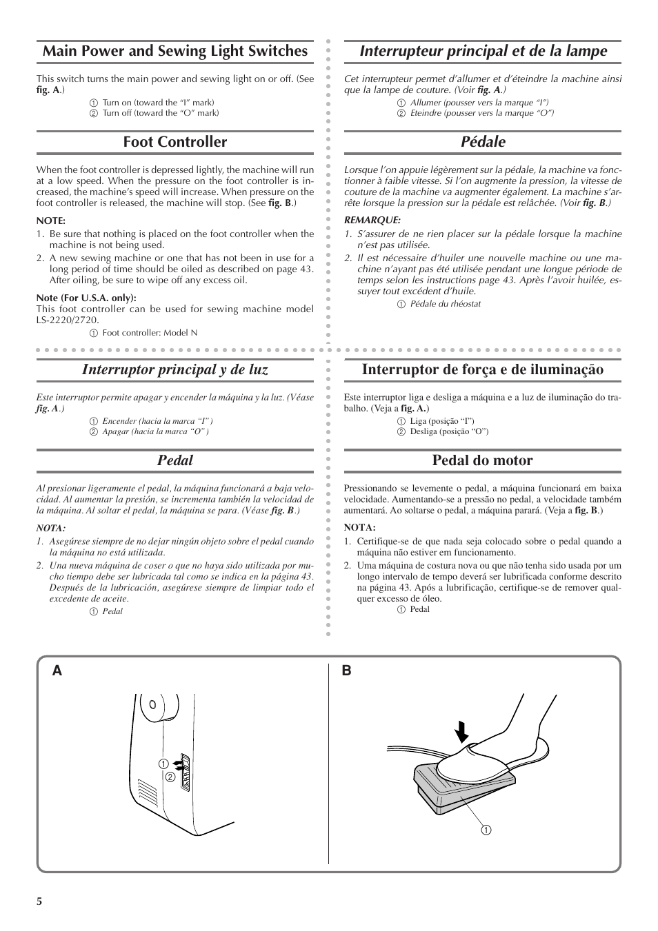 Main power and sewing light switches, Foot controller, Interrupteur principal et de la lampe | Pédale, Interruptor de força e de iluminação, Pedal do motor, Interruptor principal y de luz, Pedal | Brother LS 1520 User Manual | Page 13 / 67