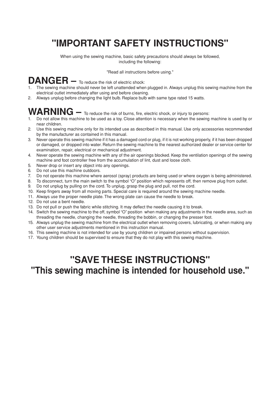 Important safety instructions, Danger, Warning | Brother LS 1520 User Manual | Page 2 / 67