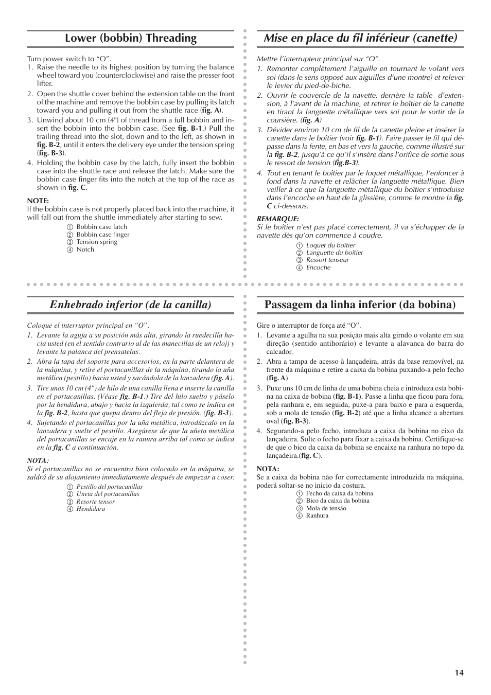 Lower (bobbin) threading, Mise en place du fil inférieur (canette), Enhebrado inferior (de la canilla) | Passagem da linha inferior (da bobina) | Brother LS 1520 User Manual | Page 22 / 67