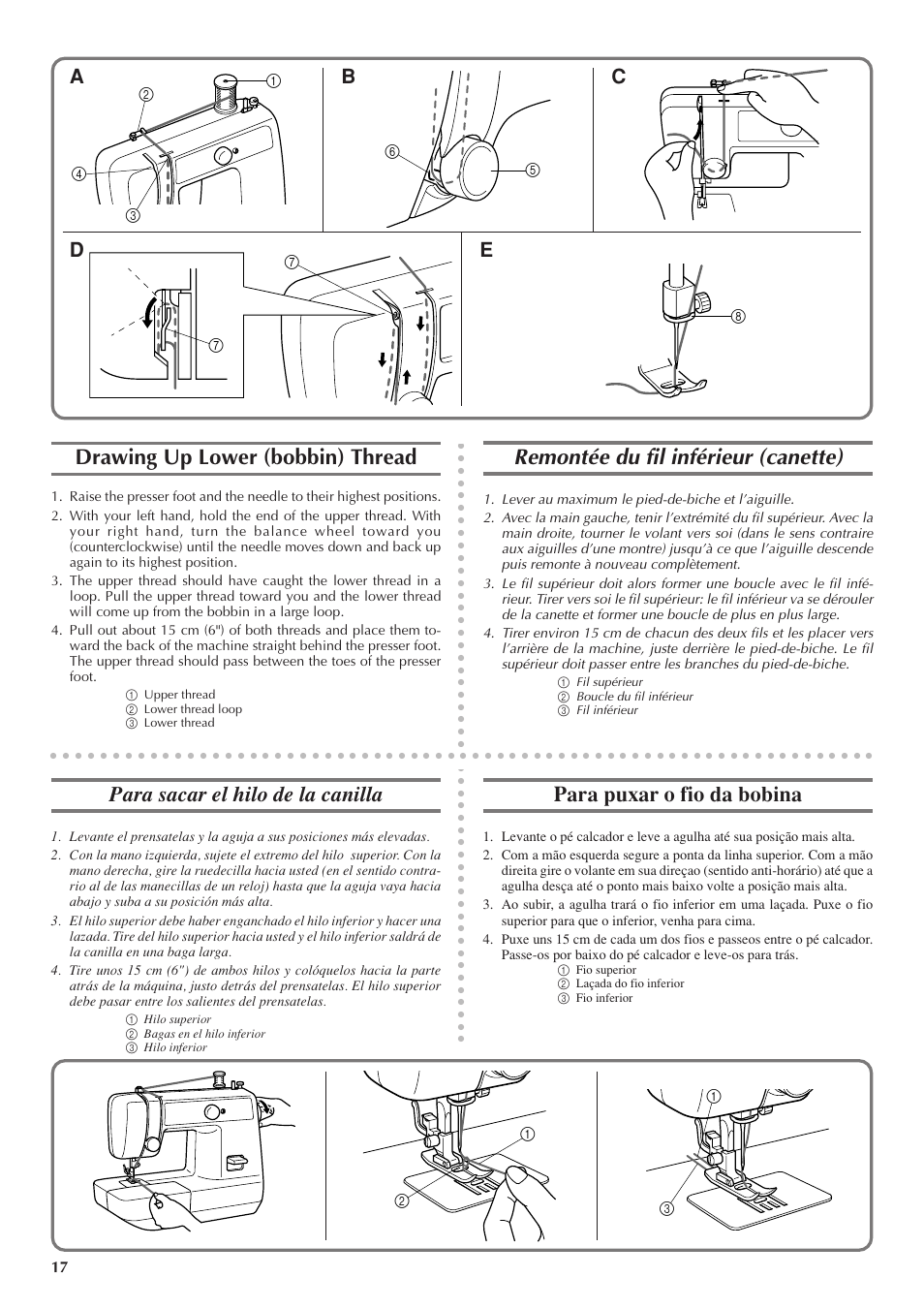 Drawing up lower (bobbin) thread, Remontée du fil inférieur (canette), Para sacar el hilo de la canilla | Para puxar o fio da bobina, De a b c | Brother LS 1520 User Manual | Page 25 / 67