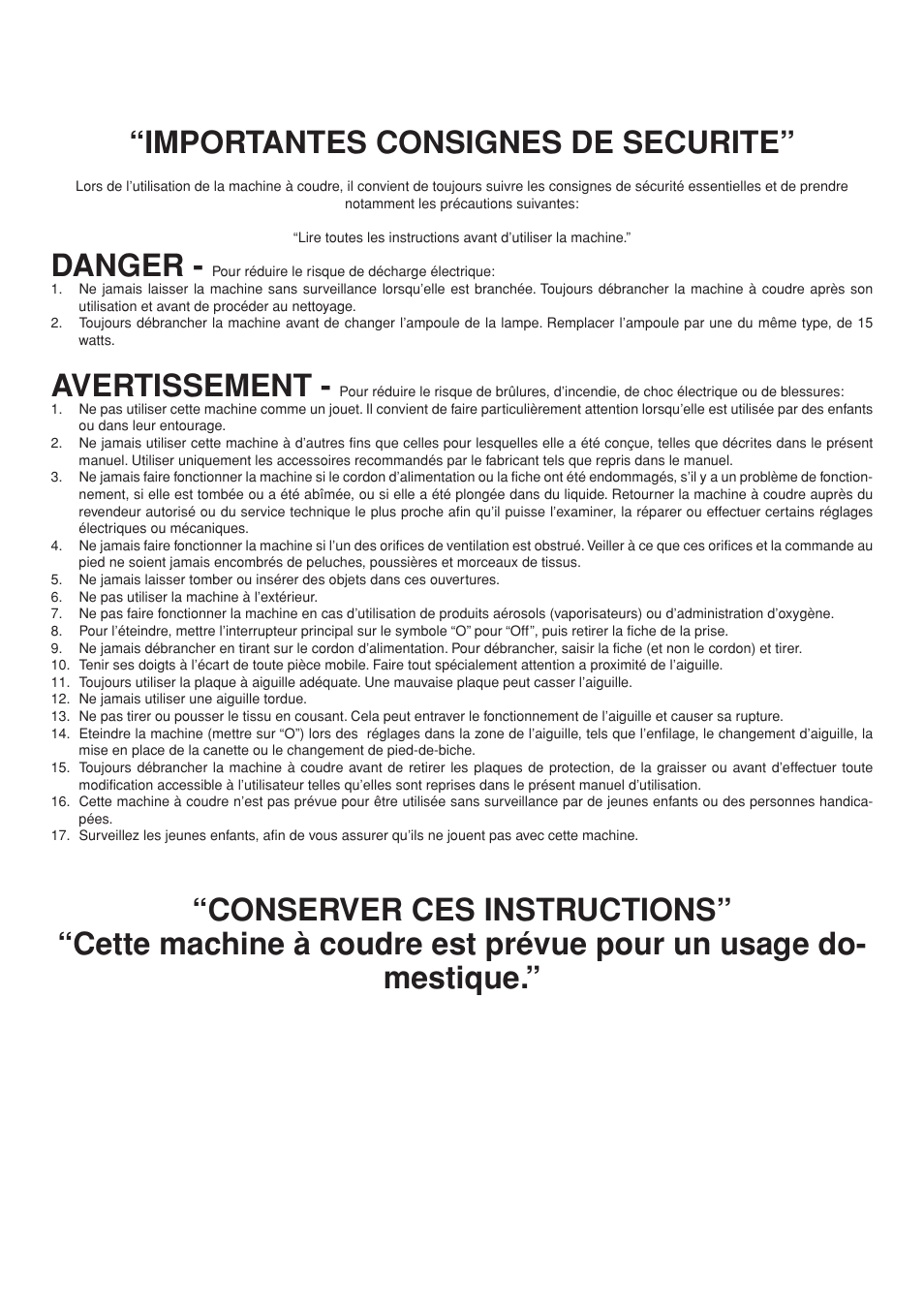 Importantes consignes de securite, Danger, Avertissement | Brother LS 1520 User Manual | Page 3 / 67